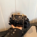 Elegante pochette da sera con paillettes nere con manico in oro e tracolla a catena - Nero
