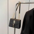 Black crocodile embossed square bag with gold metal fringe and chain strap for women - Black