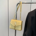 Yellow faux crocodile leather crossbody bag with gold chain strap and metal logo detail - Gold