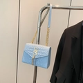 Light blue faux crocodile skin crossbody bag with gold chain strap and SS metal logo - Blue