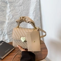 Beige quilted crossbody square bag with gold heart clasp and ruched handle detail - Khaki