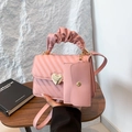 Pink quilted crossbody bag set with ruched handle and golden heart clasp detail - Pink