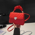 Red quilted PU leather handbag with silver heart buckle and ruffled cloud handle - Red