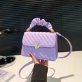 Lavender purple quilted flap crossbody bag with heart buckle and pleated handle - Purple