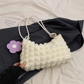 Chic cream bubble texture shoulder bag with white rope strap and purple flower charm - White