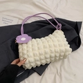 White popcorn textured tote bag with purple rope straps and flower charm detail - White and Purple