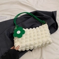 Chic off-white bubble texture underarm bag with bright green braided strap and flower charm - White & Green