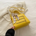 Modern bright yellow square crossbody bag with silk scarf handle and triple gold zippers - Yellow