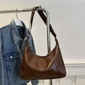 Retro patchwork tote bag in dark coffee faux leather with adjustable shoulder strap - Plaid Coffee