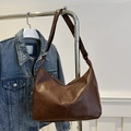 Brown vintage oil wax leather tote bag with pleated texture and wide shoulder strap - Brown