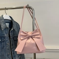 Borsa a spalla rosa in pelle PU con grande fiocco e doppie tracolle sottili da donna - Rosa