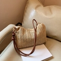 Bolso de hombro de paja beige claro con correas de cuero marrón oscuro para verano - Marrón