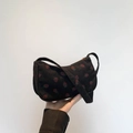 Brown corduroy crescent shoulder bag with sweet strawberry print and metallic zipper - Black