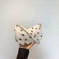 Chic beige corduroy crescent shoulder bag with sweet red strawberry embroidery - White