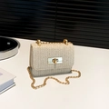 Bolso bandolera de paja beige con cadena dorada y cierre de broche cuadrado chic - Blanco Roto
