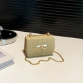Bolso bandolera de paja tejida beige con cadena dorada y cierre elegante - Caqui