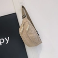 Detail view of khaki nylon crossbody bag with letter embroidery and adjustable strap - Khaki