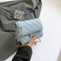 Minimalist light blue quilted square handbag with gold twist lock and chain strap - Blue