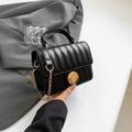 Chic black vertical quilted square bag with gold metal clasp and chain strap - Black
