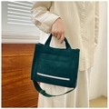 Detail of dark green corduroy tote bag showing vertical texture and reflective pocket strip - Green