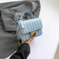 Minimalist light blue square handbag with vertical quilting and gold round buckle - Blue