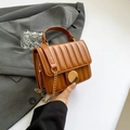 Minimalist dark brown square handbag with vertical quilting and gold chain strap - Brown