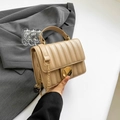 Minimalist apricot quilted square shoulder bag with gold hardware and chain strap - Khaki
