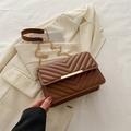 Brown V-quilted crossbody bag with gold metal trim and elegant chain strap for women - Brown