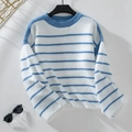 Detailed knit texture of blue and white striped loose-fit crewneck long sleeve sweater - S / Blue