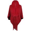 Dunkelrotes Strick-Poncho für Damen mit luxuriösem Kunstfellkragen und Fransen am Saum - Buchstabe F / Rot