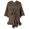 Dark brown knit poncho with fur trim and decorative pom-poms for autumn winter style - One Size / Tops / Coffee
