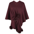 Women's knit poncho sweater in burgundy with decorative faux fur pom-poms and V-neck - One Size / Tops / Burgundy