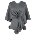 Dark grey knitted poncho with fur collar and pompom details for women's winter wear - One Size / Tops / Gray