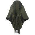 Olive green knit poncho with thick faux fur collar and decorative fringe hem details - Letter F / Green
