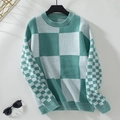 Mint green and white checkerboard knit sweater with ribbed cuffs and drop shoulders - S / Green