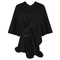 Women's black knitted poncho featuring plush fur trim and decorative pom-pom detailing - One Size / Tops / Black