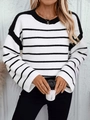 Women loose black and white striped knit sweater with round neck and flared sleeves - S / Black