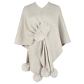 Elegant oatmeal knitted poncho cape with faux fur trim collar and hanging pom-pom details - One Size / Tops / Apricot
