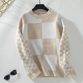 Jersey de punto con cuello redondo para mujer con patrón de cuadros marrón claro y blanco - S / Caqui