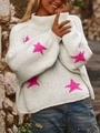 Jersey blanco de cuello alto para mujer con estampado de estrellas rosas y manga farol - S / Blanco