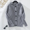 Detail of grey cable knit cardigan with hood and diamond pattern texture details - S / Gray