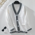 Detail of V-neck white knit cardigan with black stripes and single-breasted white buttons - S / Off-white