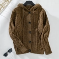 Close-up of brown cable-knit cardigan with round buttons and a drawstring hood detail - S / Brown