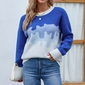 Jersey de punto de cuello redondo para mujer con patrones de ondas degradadas azul y blanco - S / Azul