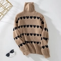 Beige turtleneck knit sweater with black heart patterns and relaxed drop shoulders - S / Khaki