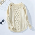 Detail of cable knit sweater with decorative buttons and classic crew neck - S / Khaki