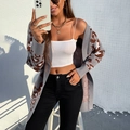Women's long leopard print knit cardigan in grey with brown and white patterns - S / Gray