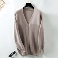 Women's loose knit long cardigan in dusty pink color featuring ribbed vertical patterns - S / Khaki