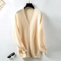 Minimalist cream white knitted cardigan with vertical stripe texture and dropped shoulders - S / Apricot