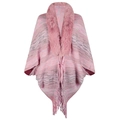 Pink knit shawl with plush faux fur collar and long fringe hem for women - One Size / Pink